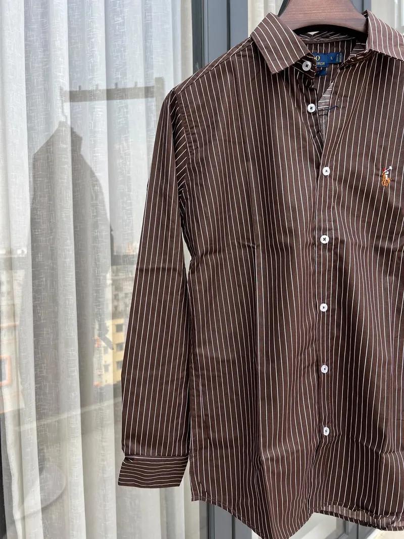 Brown white vartical stripe Shirt view 3
