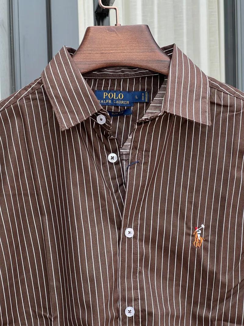 Brown white vartical stripe Shirt view 1