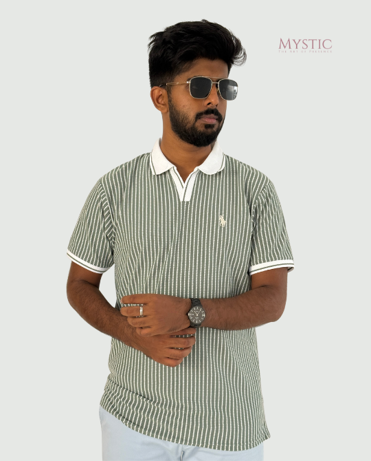 White Green Vertical Stripe Polo